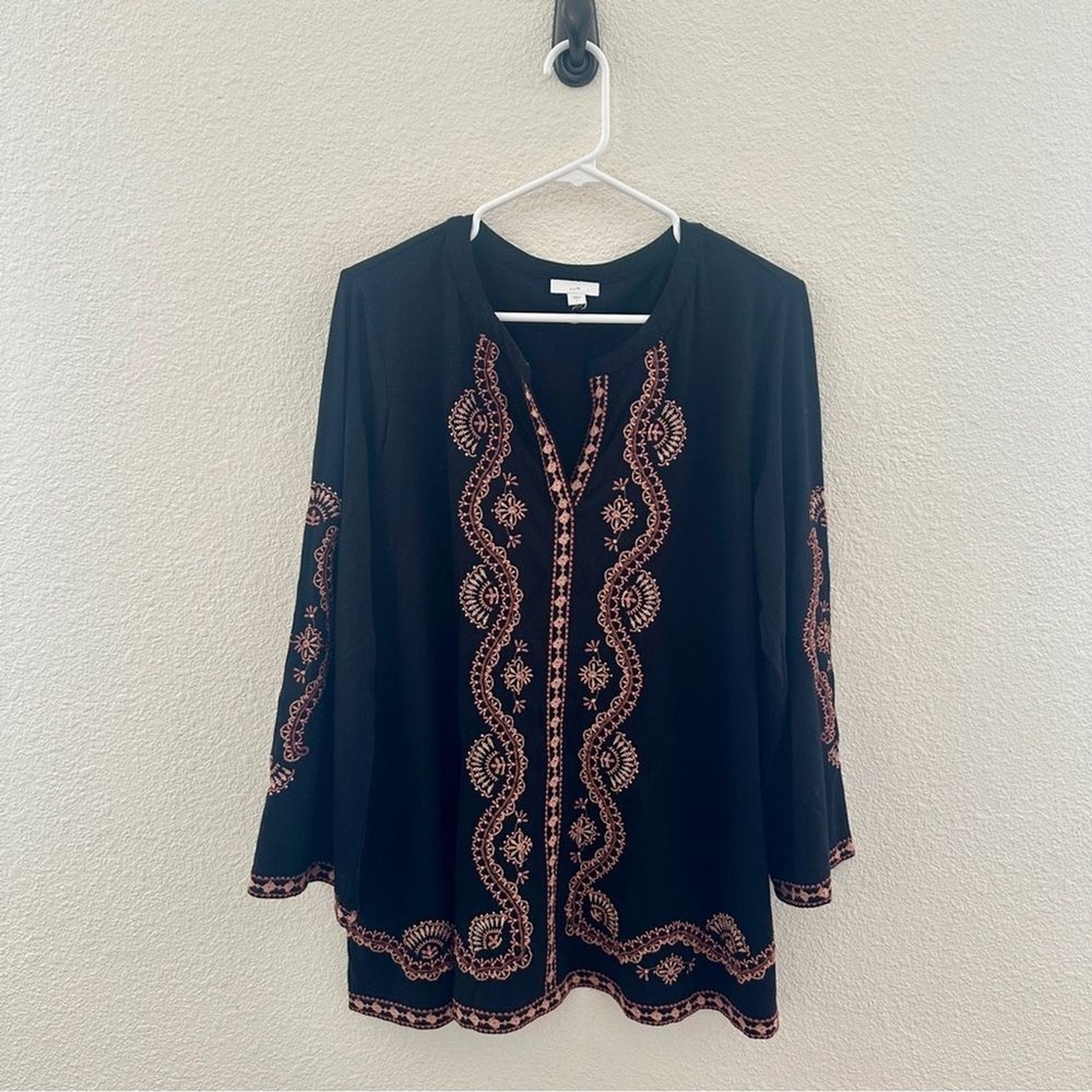 J.Jill‎ Embroidered Tunic Women Large Black Long Sleeve Knit Top Boho Peasant